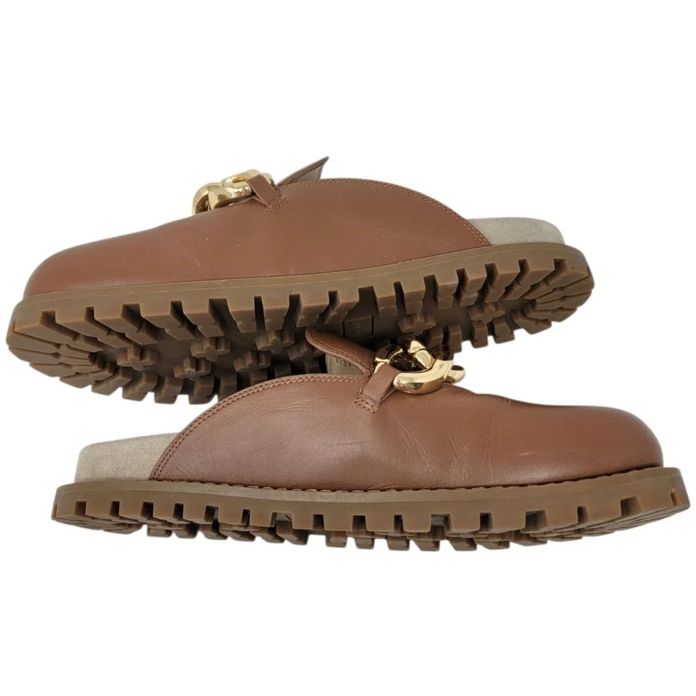 Michael Kors Clogs Mules Womens Size 7.5 Scarlett Gold‎ Chain in Luggage Brown